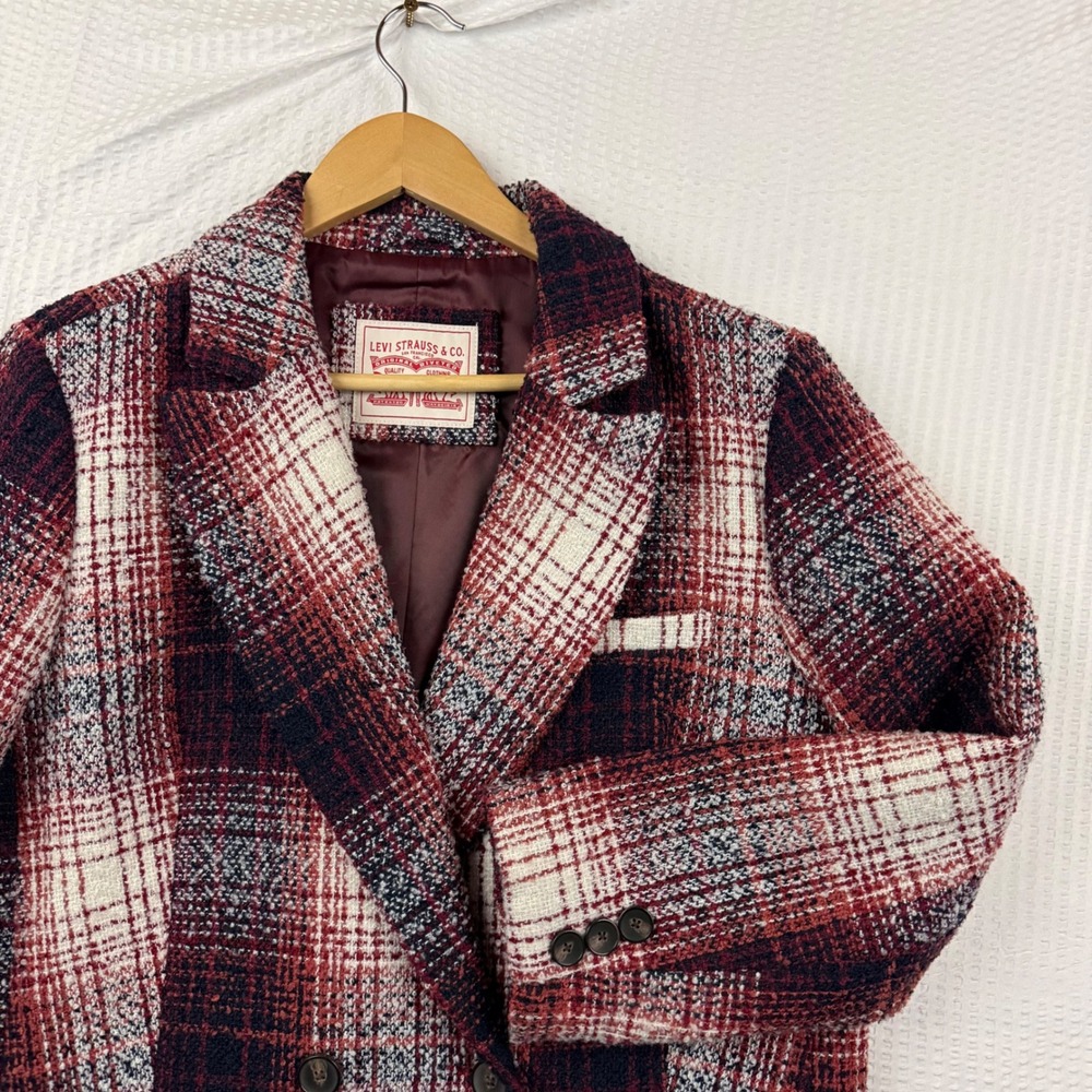 Levis Double Breasted Plaid Wool Blend Blazer Jacket Red White Blue Medium